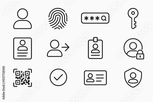 User interface icons: identification, security, and access symbols in line art
