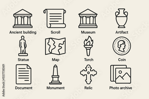 Icon set featuring ancient building, scroll, and museum artifacts