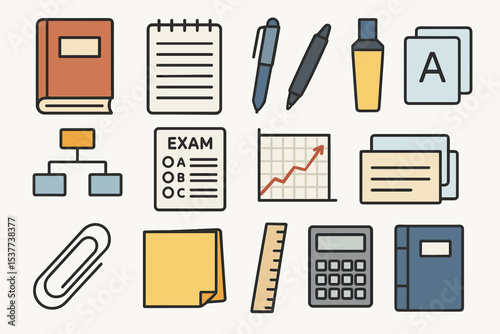 Essential office and school supplies with books, pens, and calculators