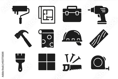 Construction tools and equipment icons: roller, drill, hammer, helmet, saw