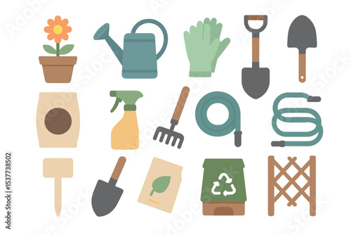Colorful garden tools and supplies illustration with plant and recycling bin