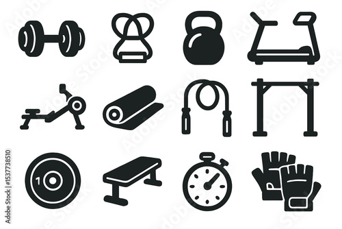 Set of fitness icons: dumbbell, kettlebell, treadmill, yoga mat, jump rope, exercise equipment