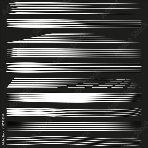 Motion black streaks. Horizontal blur effect. Speed stripes pattern. Vector background art.