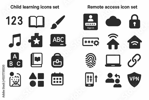 Child learning and remote access icon set: education, security, connectivity, communication