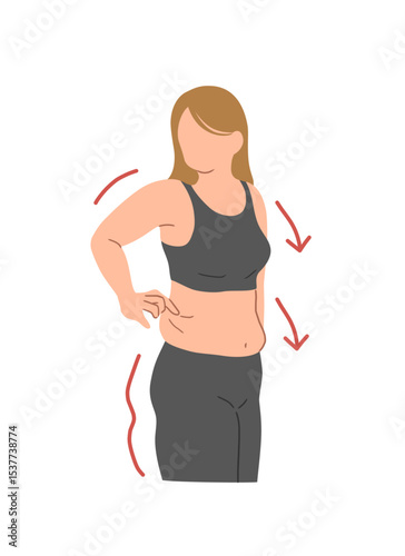 お腹の贅肉が気になる女性の主線なしイラスト素材