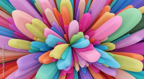 Abstract colorful explosion with rounded shapes in pastel tones radiating from the center point