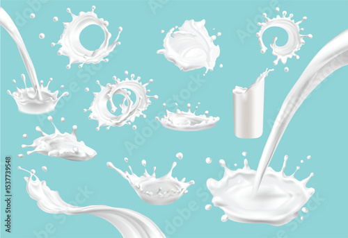 Milk Splash Collection Realistic Vector EPS Illustrations of Milk Splashes, Crowns, and Streams for Design Projects