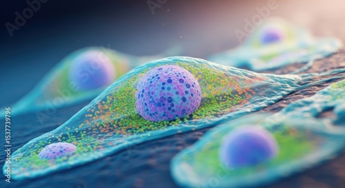A microscopic view of cells with a purple nucleus and green cytoplasm on a blue background surface