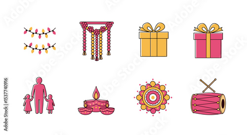 Diwali festival celebration elements with gifts, lights, diya, family and traditional decoration items