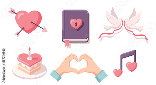 Valentine's day love romance hearts doves book cake music hands vector illustration design graphic element