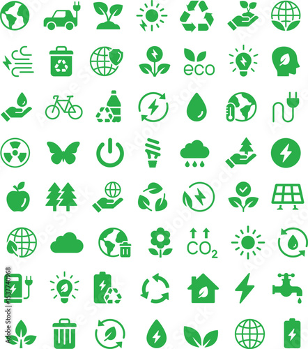 Green Energy Icons Sustainable Environment, Eco-Friendly, Renewable Resources, Recycling, and Conservation Symbols