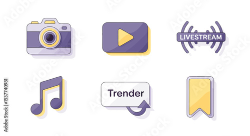 Stock media icons set for social media content creation and online streaming services and platforms