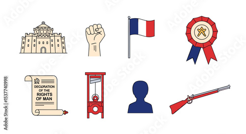 French revolution history illustration with bastille, flag, guillotine, and declaration of rights of man