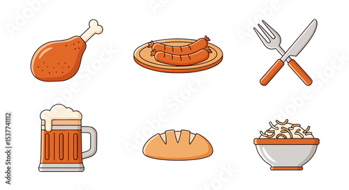 Oktoberfest food and drink vector illustration with beer sausage chicken bread and salad for celebration