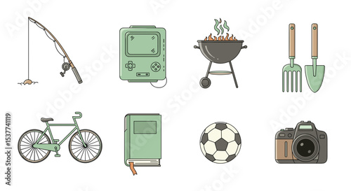 Vector illustration of outdoor activities and hobbies including fishing camera bicycle and barbecue grill game