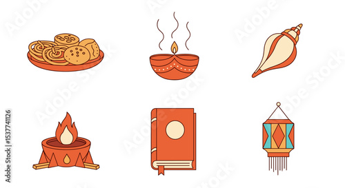 Celebrate diwali hindu festival of lights with diya sweets and lantern vector illustration design concept