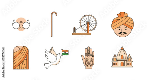 India culture and heritage vector illustration with gandhi and national symbols for independence day design