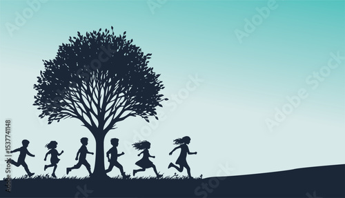 Children playing in a park. Vector illustration.kids playing and running with autumn trees vector in white background