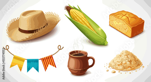 Festa junina food and decorations illustration for brazilian june party celebration elements design