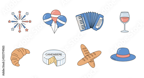 Celebrate france french culture with food accordion wine cheese baguette balloons hat and fireworks vector art