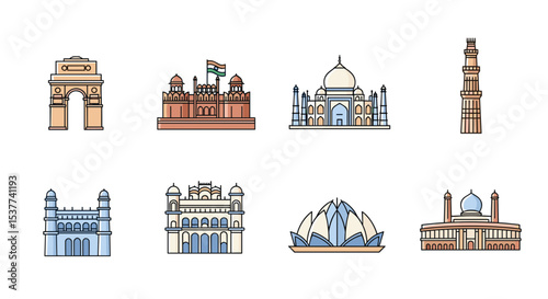 India famous landmarks and tourist attractions vector illustration india gate red fort taj mahal qutub minar