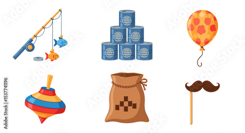 Carnival games and prizes vector illustration featuring fishing game can toss balloon and more fun items