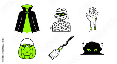 Halloween vector illustration set of spooky elements including vampire mummy zombie and witch for design 100
