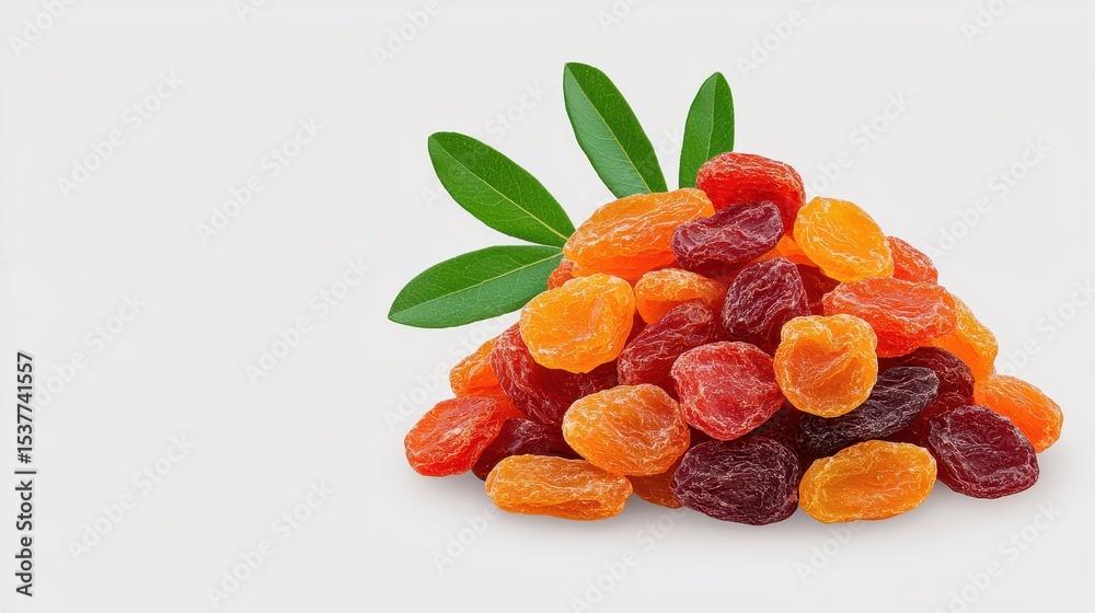 Colorful Raisins with Green Leaves on White Background Colorful Raisins with Green Leaves on White Background