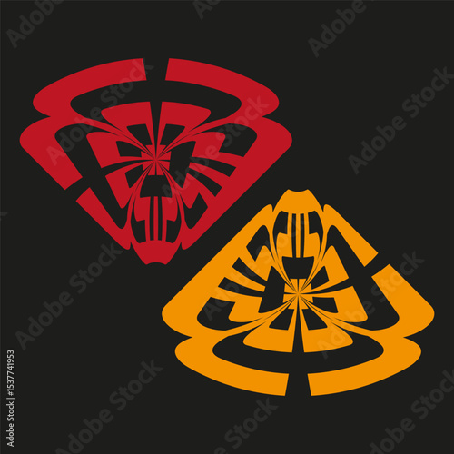 Tribal fan shapes. Red yellow pattern. Cultural ornament element. Vector ethnic symbol.