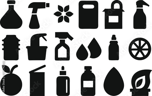 Diy eco cleaning supplies outline icons set isolated on transparent background