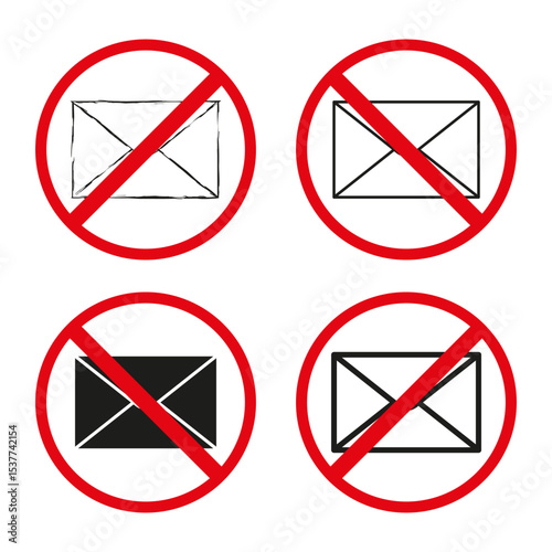 No mail icons. Envelope ban symbols. Red circle marks. Vector warning graphic.