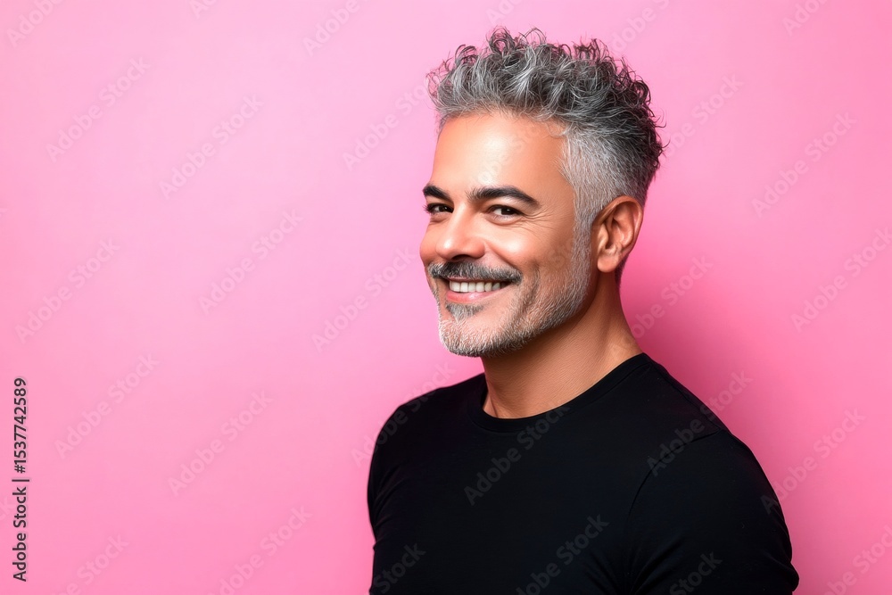 Fototapeta premium A serene and handsome man posing in style. Pink solid background. Fashionable men's spiky hair haircut - midlife middle eastern man with curly hair. Concept art idea of style for aging men.