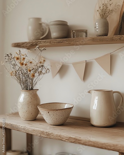 Minimalist decor with pottery and dried flowers.