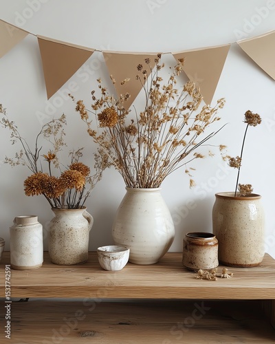 Decorative vases with dried flowers on a shelf.