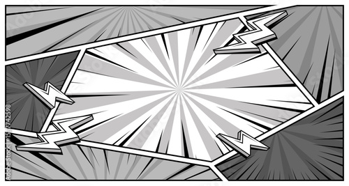 White burst comic pop art background, halftone pattern, modern geometric frame, hand drawn graphic design elements, vector illustration. Empty cartoon frame with space for text
