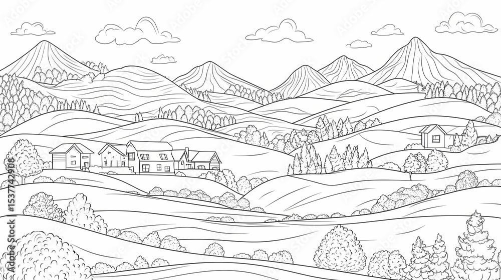 Fototapeta premium Detailed illustration of a rolling hills landscape.