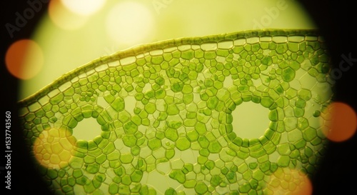 A close up view of a green plant cell structure showing the cellular arrangement and internal spaces