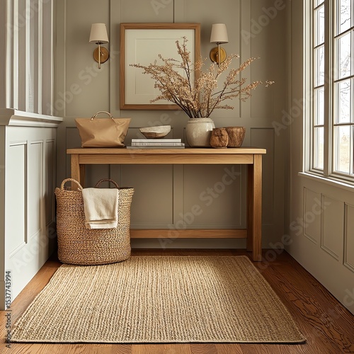 Cozy entryway with minimal decor and plants.