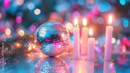 Festive scene with disco ball and candles.