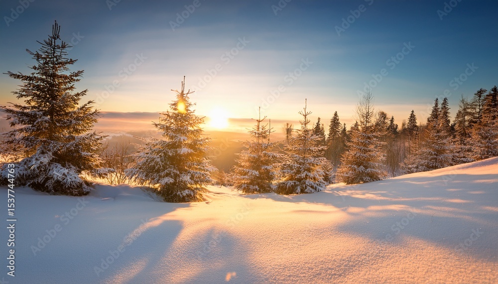 Fototapeta premium golden christmas ornament with snowflake on snow at sunset in winter forest