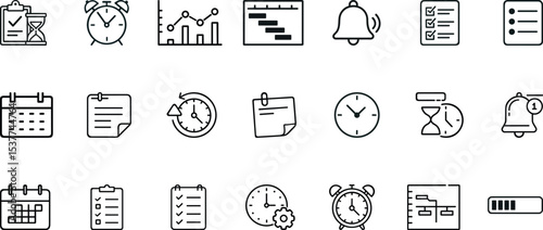 Planning and Productivity icon vector set business & office, Calendar Clock, Checklist, To-do list Reminder bell, Gantt chart, Sticky note office reminder, alarm, progress bar, Deadline hourglass 