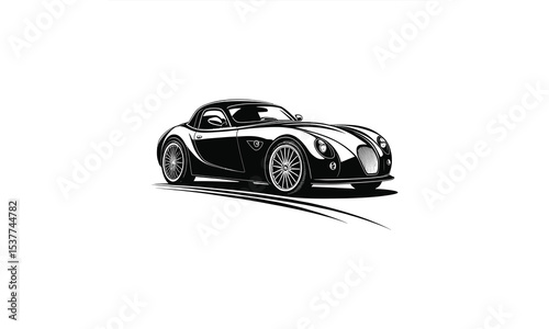 Vintage Road-Ready Car: A striking monochrome depiction of a classic convertible car, emphasizing its sleek design and powerful form, captures the essence of speed and elegance.