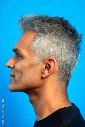 Visual idea of style for aging men. Blue solid background. A confident and happy man exuding charm. Elegant men's disconnected undercut haircut - midlife indian man with short hair.