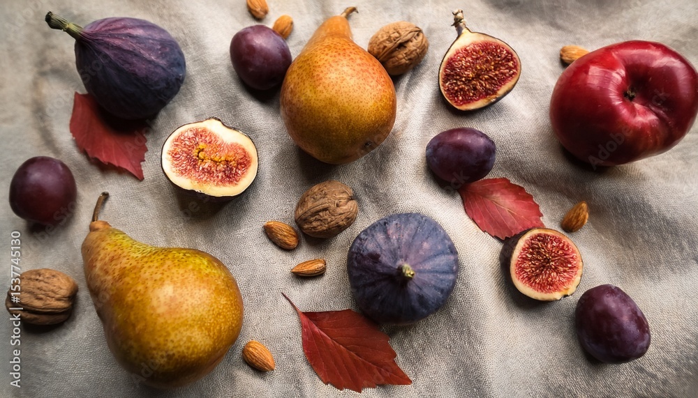 flat lay of seasonal fruits m figs pears and plums m arranged on a linen napkin with scattered leaves and nuts autumn harvest feel flat lay of seasonal fruits m figs pears and plums m arranged on a linen napkin with scattered leaves and nuts autumn harvest feel