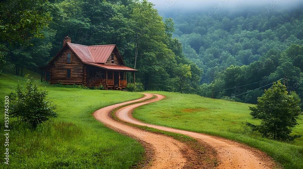 Fototapeta premium A remote log cabin nestled in a lush forested landscape with a winding dirt road leading to it