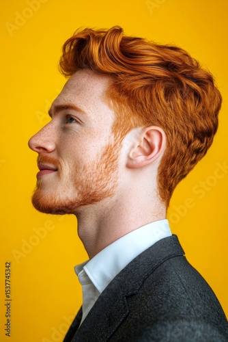 Elegant men's short caesar haircut - midlife white man with red hair. A peaceful man enjoying a relaxed studio shoot. Visual idea of style for aging men. Yellow solid background.