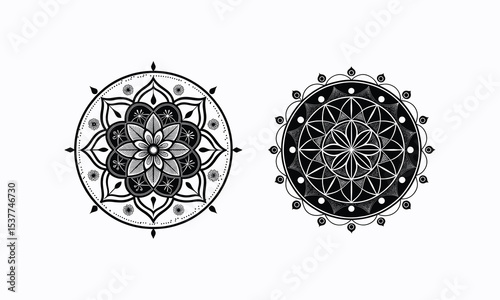 Intricate Mandala Designs: A pair of elegant mandala designs, radiating a sense of inner peace, balance, and spiritual harmony. A visual embodiment of intricate detail, and symbolic beauty.