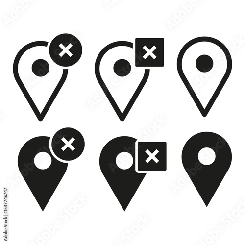 Location pin icons. Crossed point symbols. Navigation marker shapes. Vector map elements.
