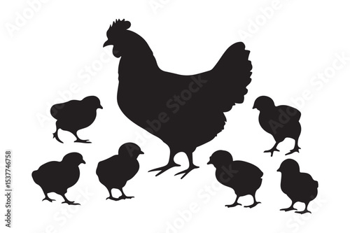 chicken and chicks icon silhouette vector illustration, chicken hen chicks icon vector isolated on white background