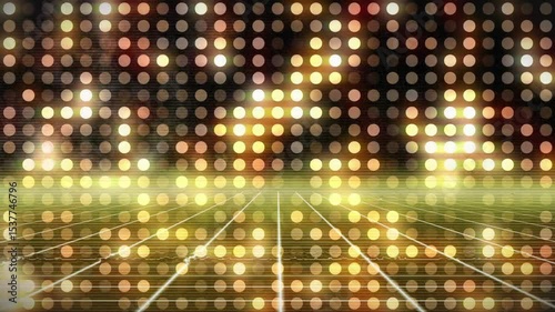On start golden circular light grid pattern shimmering over reflective floor for ambient glow